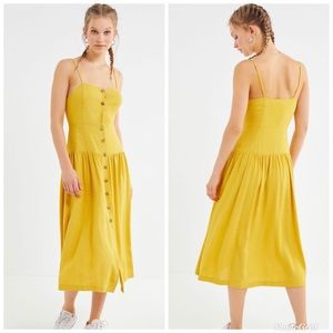 Urban Outfitters Linen Button-Down Drop Waist Pleated Skirt Midi Dress Mustard